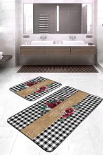 Siyah Ekose Mery Christmas Tasarımlı 2'li Mutfak Paspas Seti & Banyo Halısı Takımı Realhomes