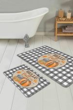 - RealHomes - Realhomes  Gri Ekose Motifli Kabak Tasarımlı 2'li Banyo Halısı Seti & Klozet Paspas Takımı Realhomes