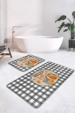 - RealHomes - Realhomes  Gri Ekose Motifli Kabak Tasarımlı 2'li Banyo Halısı Seti & Klozet Paspas Takımı Realhomes