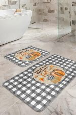 - RealHomes - Realhomes  Gri Ekose Motifli Kabak Tasarımlı 2'li Banyo Halısı Seti & Klozet Paspas Takımı Realhomes