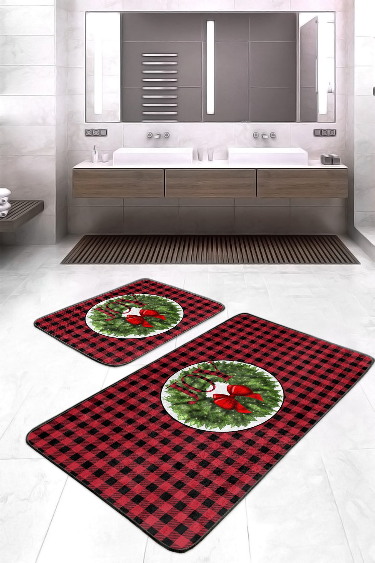 Kırmızı Ekose Motifli Yılbaşı Temalı 2'li Mutfak Paspas Takımı & Banyo Halısı Seti Realhomes