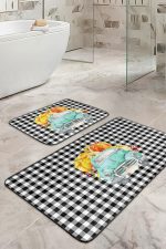 - RealHomes - Realhomes  Siyah Ekose Kabaklı Araba Tasarımlı 2'li Mutfak Halısı Seti & Banyo Paspas Takımı Realhomes