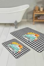 - RealHomes - Realhomes  Siyah Ekose Kabaklı Araba Tasarımlı 2'li Mutfak Halısı Seti & Banyo Paspas Takımı Realhomes