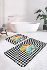 - RealHomes - Realhomes  Siyah Ekose Kabaklı Araba Tasarımlı 2'li Mutfak Halısı Seti & Banyo Paspas Takımı Realhomes
