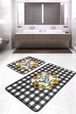 - RealHomes - Realhomes  Siyah Ekose Home Sweet Home Temalı 2'li Mutfak Paspas Seti & Banyo Paspas Takımı Realhomes