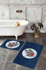 - RealHomes - Realhomes  Lacivert Zeminli Kuş Tasarımlı 2'li Mutfak Paspas Takımı & Banyo Halısı Seti Realhomes