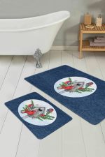 - RealHomes - Realhomes  Lacivert Zeminli Kuş Tasarımlı 2'li Mutfak Paspas Takımı & Banyo Halısı Seti Realhomes