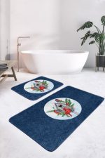 - RealHomes - Realhomes  Lacivert Zeminli Kuş Tasarımlı 2'li Mutfak Paspas Takımı & Banyo Halısı Seti Realhomes