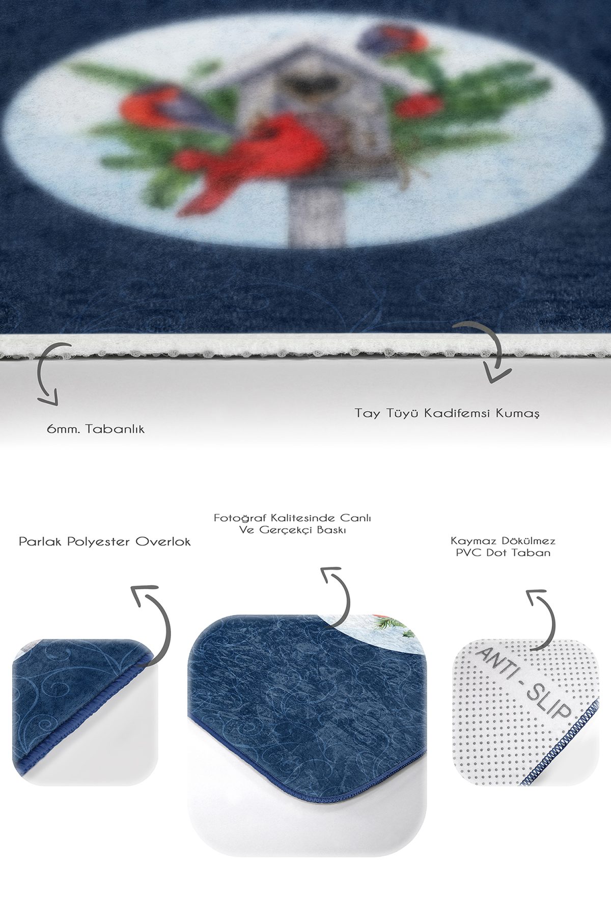 Lacivert Zeminli Kuş Tasarımlı 2'li Mutfak Paspas Takımı & Banyo Halısı Seti Realhomes