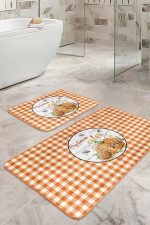 - RealHomes - Realhomes Turuncu Ekoseli Kabak Motifli 2'li Mutfak Halısı Seti & Banyo Paspas Takımı Realhomes