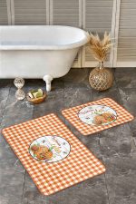 - RealHomes - Realhomes Turuncu Ekoseli Kabak Motifli 2'li Mutfak Halısı Seti & Banyo Paspas Takımı Realhomes