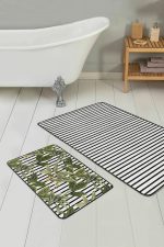 - RealHomes - Realhomes  Çizgili Zemin Tropik Yaprak Motifli 2'li Banyo Halısı Seti & Klozet Paspas Takımı Realhomes