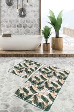 - RealHomes - Realhomes  Tropik Yaprak Gold Detaylı 2'li Banyo Halısı Seti & Mutfak Paspas Takımı Realhomes