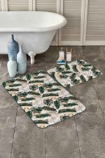 - RealHomes - Realhomes  Tropik Yaprak Gold Detaylı 2'li Banyo Halısı Seti & Mutfak Paspas Takımı Realhomes