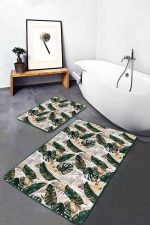 - RealHomes - Realhomes  Tropik Yaprak Gold Detaylı 2'li Banyo Halısı Seti & Mutfak Paspas Takımı Realhomes