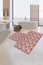 - RealHomes - Realhomes  Kırmızı Suluboya Motifli 2'li Mutfak Paspas Seti & Banyo Halı Takımı Realhomes