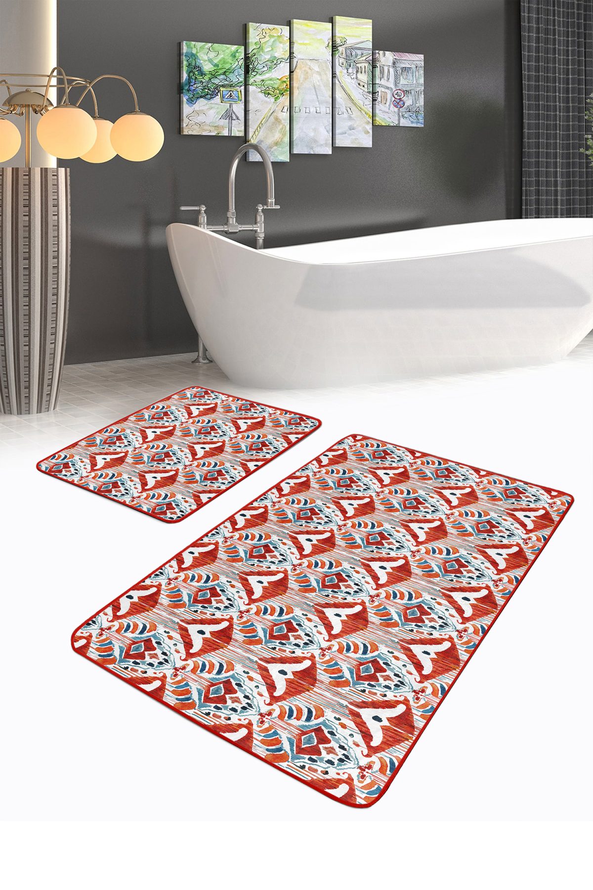 Kırmızı Suluboya Motifli 2'li Mutfak Paspas Seti & Banyo Halı Takımı Realhomes