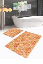 - RealHomes - Realhomes Turuncu Ebru Sanatı Desenli 2'li Banyo Halı Takımı & Klozet Paspas Seti Realhomes
