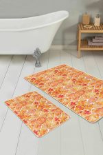 - RealHomes - Realhomes Turuncu Ebru Sanatı Desenli 2'li Banyo Halı Takımı & Klozet Paspas Seti Realhomes