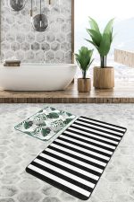 - RealHomes - Realhomes  Siyah Beyaz Çizgili Tropik Yaprak Motifli 2'li Banyo Halısı & Klozet Paspas Takımı Realhomes