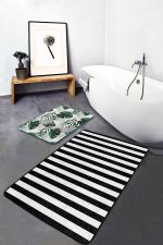 - RealHomes - Realhomes  Siyah Beyaz Çizgili Tropik Yaprak Motifli 2'li Banyo Halısı & Klozet Paspas Takımı Realhomes