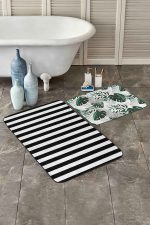 - RealHomes - Realhomes  Siyah Beyaz Çizgili Tropik Yaprak Motifli 2'li Banyo Halısı & Klozet Paspas Takımı Realhomes