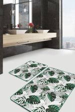 - RealHomes - Realhomes  Tropik Yaprak Tasarımlı 2'li Banyo Halı Takımı & Banyo Paspas Takımı Realhomes