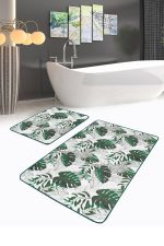 - RealHomes - Realhomes  Tropik Yaprak Tasarımlı 2'li Banyo Halı Takımı & Banyo Paspas Takımı Realhomes