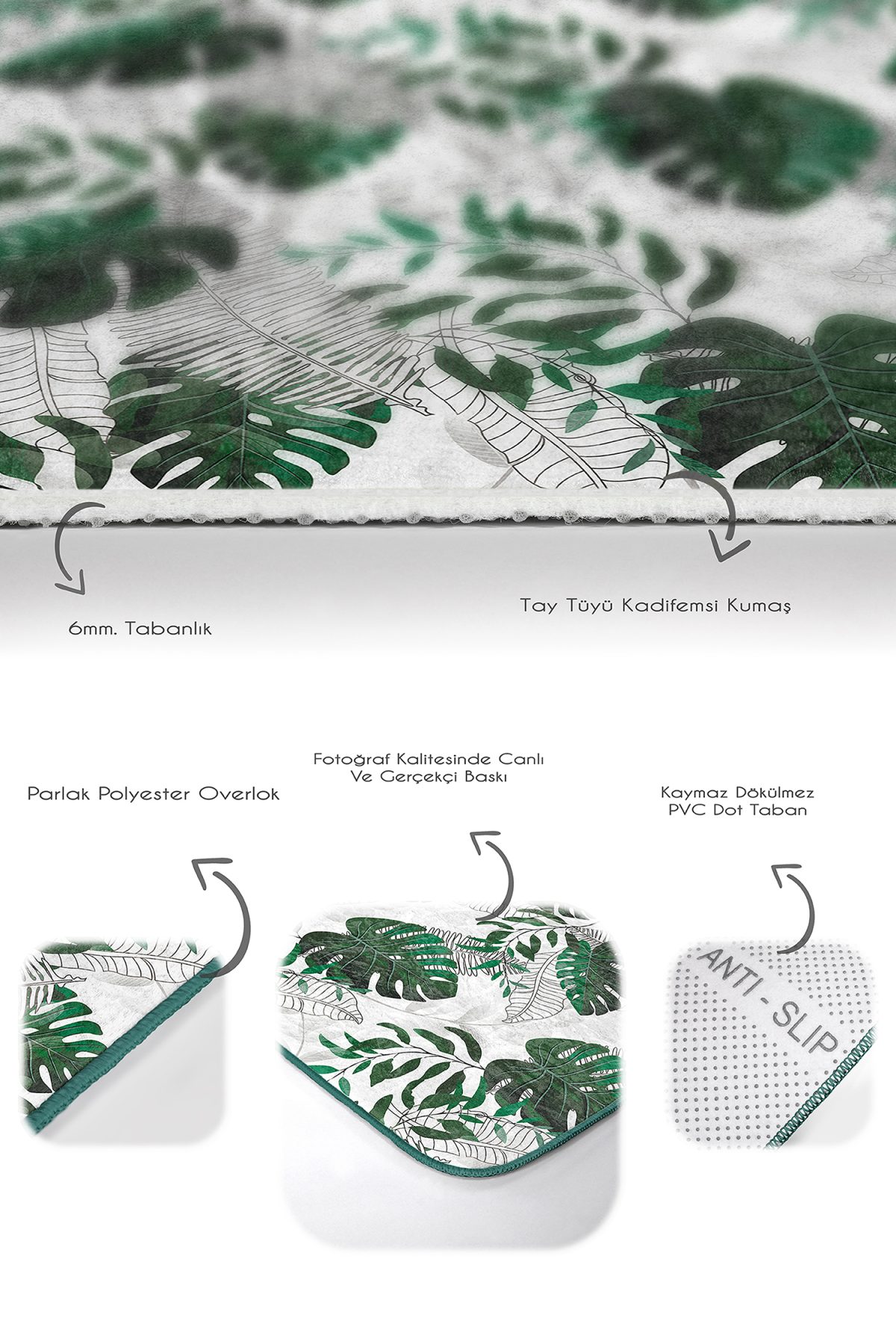 Tropik Yaprak Tasarımlı 2'li Banyo Halı Takımı & Banyo Paspas Takımı Realhomes