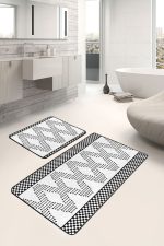 - RealHomes - Realhomes Siyah Beyaz İskandinav Motifli 2'li Klozet Paspas Takımı & Banyo Halı Seti Realhomes