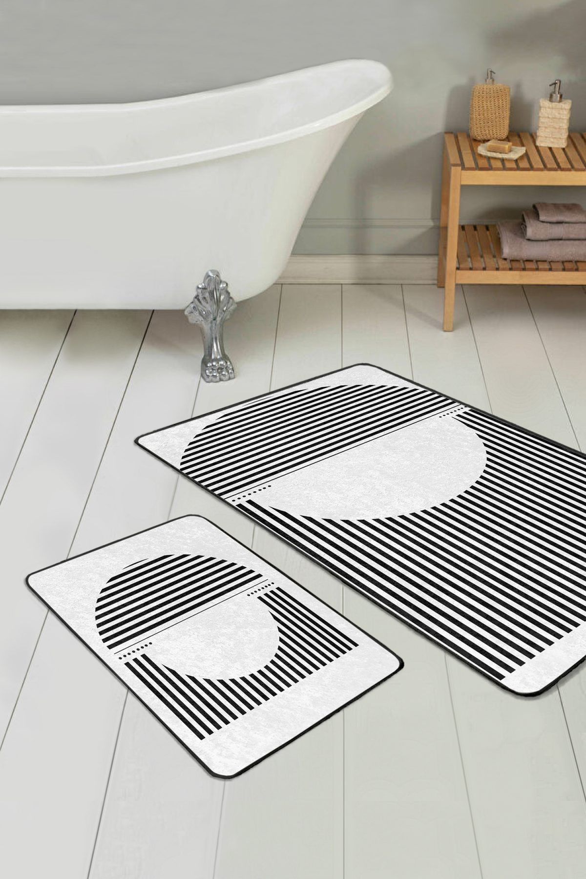 Siyah Beyaz Çizgili Desen 2'li Banyo Paspas Takımı & Mutfak Paspas Seti Realhomes
