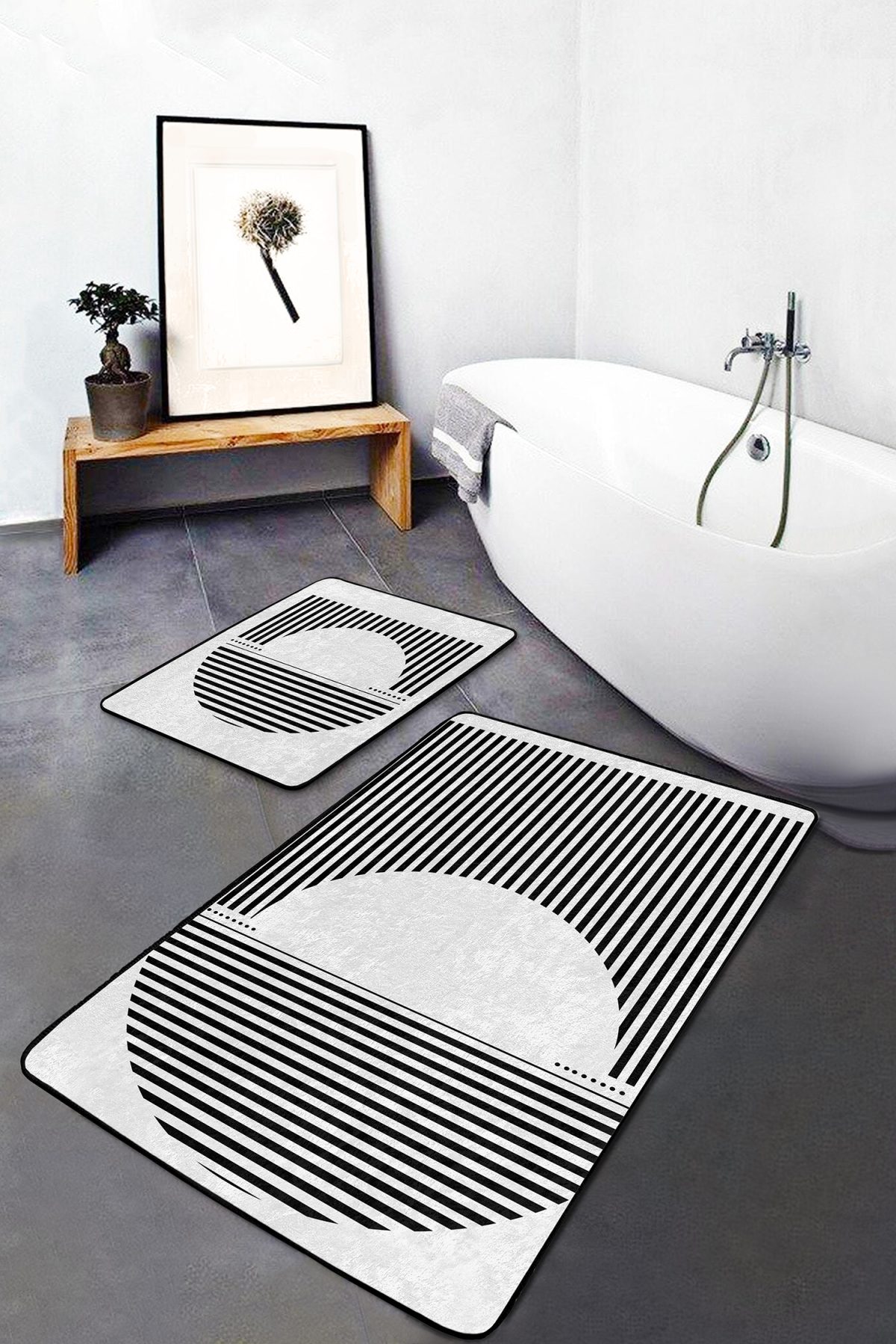 Siyah Beyaz Çizgili Desen 2'li Banyo Paspas Takımı & Mutfak Paspas Seti Realhomes