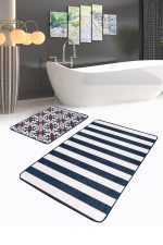 Lacivert Geometrik Çizim Düz Çizgili 2'li Banyo Paspas Takımı & Mutfak Paspas Takımı Realhomes
