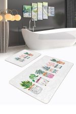 - RealHomes - Realhomes  Sevimli Saksılı Çiçekler Özel Tasarım 2'li Banyo Paspas Seti & Mutfak Paspas Takımı Realhomes