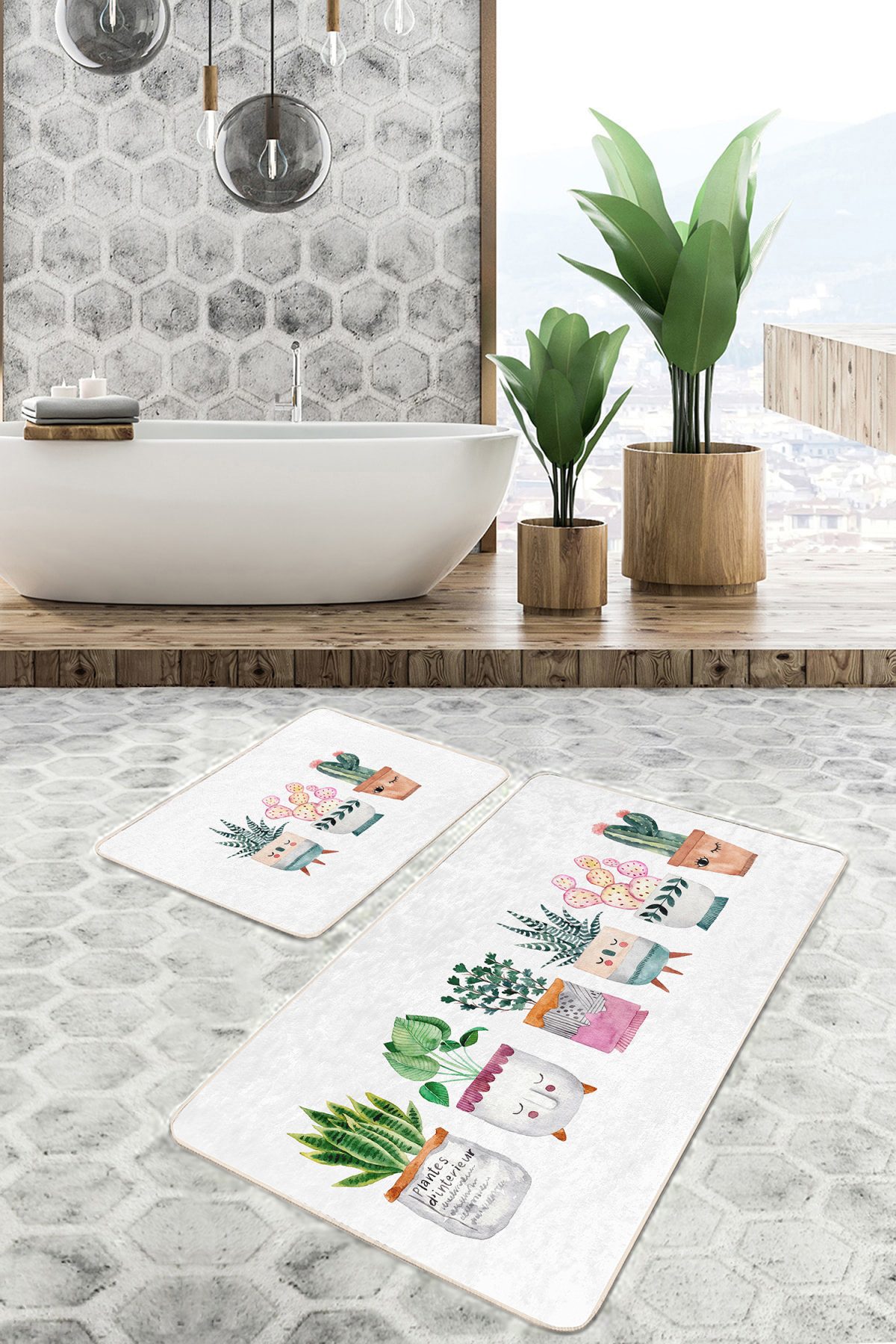 Sevimli Saksılı Çiçekler Özel Tasarım 2'li Banyo Paspas Seti & Mutfak Paspas Takımı Realhomes