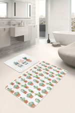 - RealHomes - Realhomes  Kaktüs Motifli Özel Tasarım 2'li Banyo Halı Seti & Mutfak Paspas Takımı Realhomes