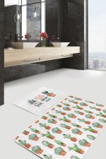 - RealHomes - Realhomes  Kaktüs Motifli Özel Tasarım 2'li Banyo Halı Seti & Mutfak Paspas Takımı Realhomes