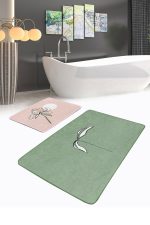- RealHomes - Realhomes Düz Renkli Zemin Çiçek Motifli 2'li Banyo Paspas Takımı & Klozet Paspas Seti Realhomes