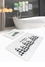 - RealHomes - Realhomes  Ekose Çam Ağacı Christmas Temalı 2'li Banyo Halı Seti & Mutfak Halı Takımı Realhomes