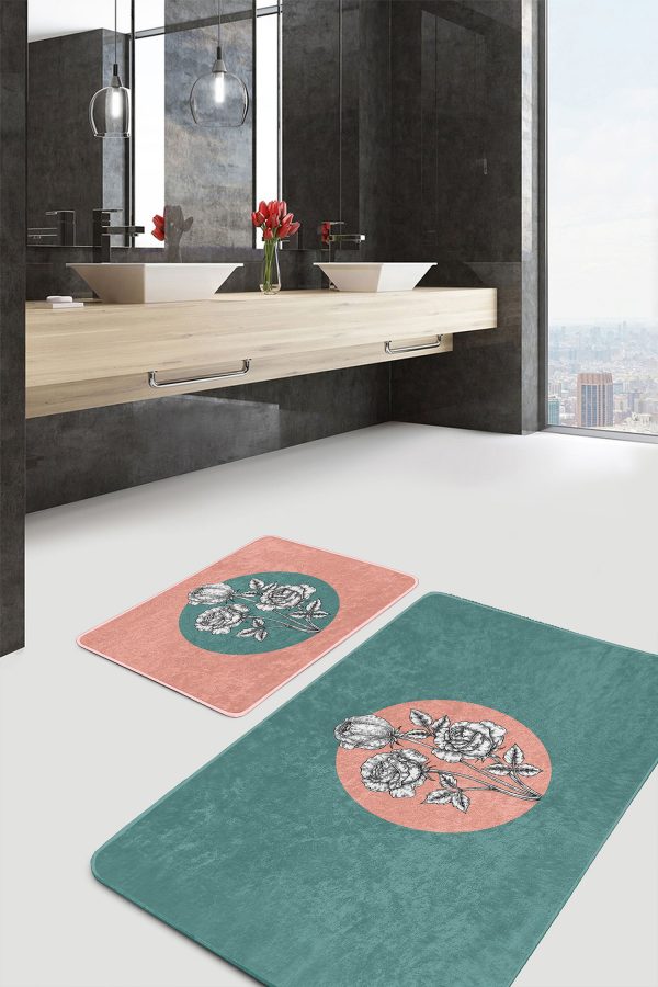 - RealHomes - Realhomes  Tropik Yaprak Tasarımlı 2'li Banyo Halı Takımı & Banyo Paspas Takımı Realhomes