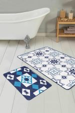 - RealHomes - Realhomes  Geometrik Çizimli Lacivert Motifli 2'li Banyo Paspas Takımı & Mutfak Halı Seti Realhomes