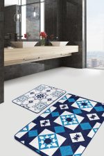 - RealHomes - Realhomes  Geometrik Lacivert Çizimli 2'li Banyo Halı Takılı & Klozet Paspas Seti Realhomes