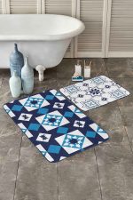 - RealHomes - Realhomes  Geometrik Lacivert Çizimli 2'li Banyo Halı Takılı & Klozet Paspas Seti Realhomes