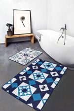 - RealHomes - Realhomes  Geometrik Lacivert Çizimli 2'li Banyo Halı Takılı & Klozet Paspas Seti Realhomes