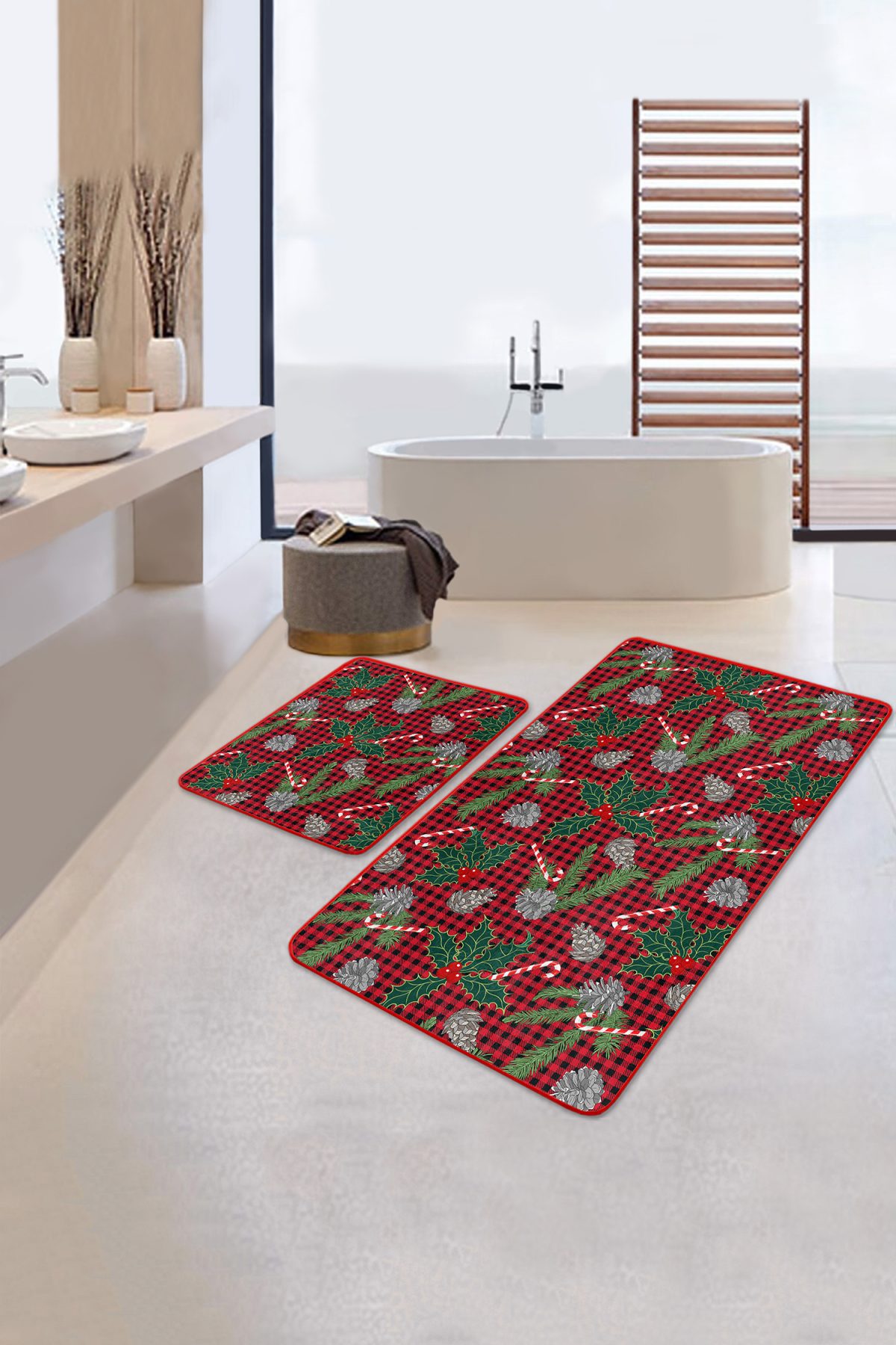 Kırmızı Ekose Yılbaşı Tasaımlı 2'li Banyo Paspas Takımı & Mutfak Paspas Seti Realhomes