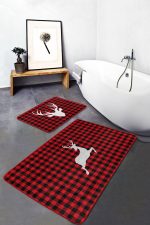 - RealHomes - Realhomes  Kırmızı Ekose Geyik Motifli 2'li Mutfak Paspas Seti & Banyo Paspas Takımı Realhomes