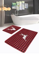 - RealHomes - Realhomes  Kırmızı Ekose Geyik Motifli 2'li Mutfak Paspas Seti & Banyo Paspas Takımı Realhomes