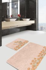 - RealHomes - Realhomes  Pembe Zemin Papatya Motifli 2'li Mutfak Halı Seti & Banyo Paspas Takımı Realhomes