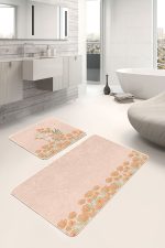 - RealHomes - Realhomes  Pembe Zemin Papatya Motifli 2'li Mutfak Halı Seti & Banyo Paspas Takımı Realhomes