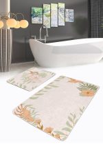 - RealHomes - Realhomes  Pembe Zemin Yaprak Tasarımlı 2'li Banyo Paspas Takımı & Klozet Paspas Seti Realhomes